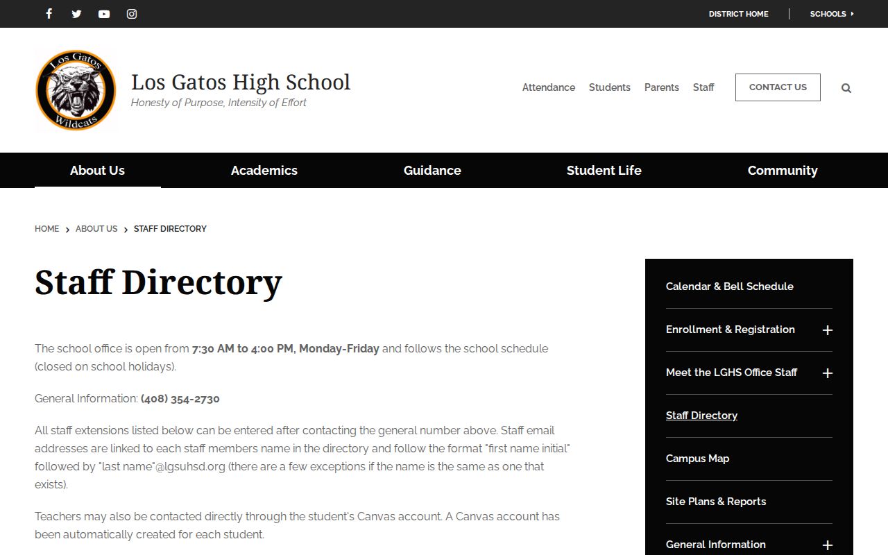 Los Gatos people directories showing high school staff contacts