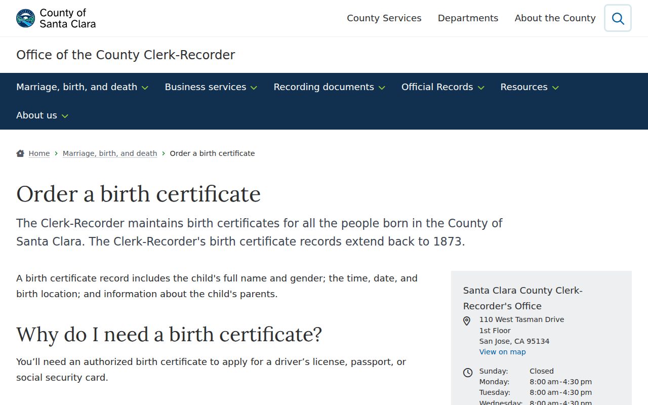 Los Gatos public records birth certificate order page