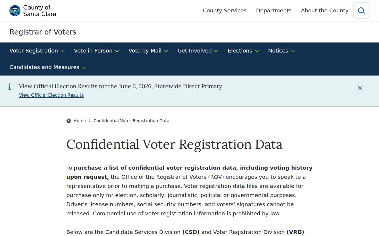 Los Gatos voter records county data request page